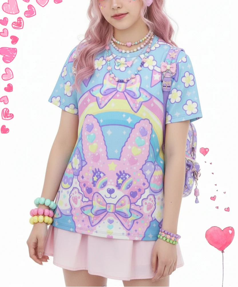 2026 New Dreamy Macaron Sweet Girl Printed Short Sleeve T-shirt for Kids Super Kawaii Harajuku Style Loose Large Size T-shirt