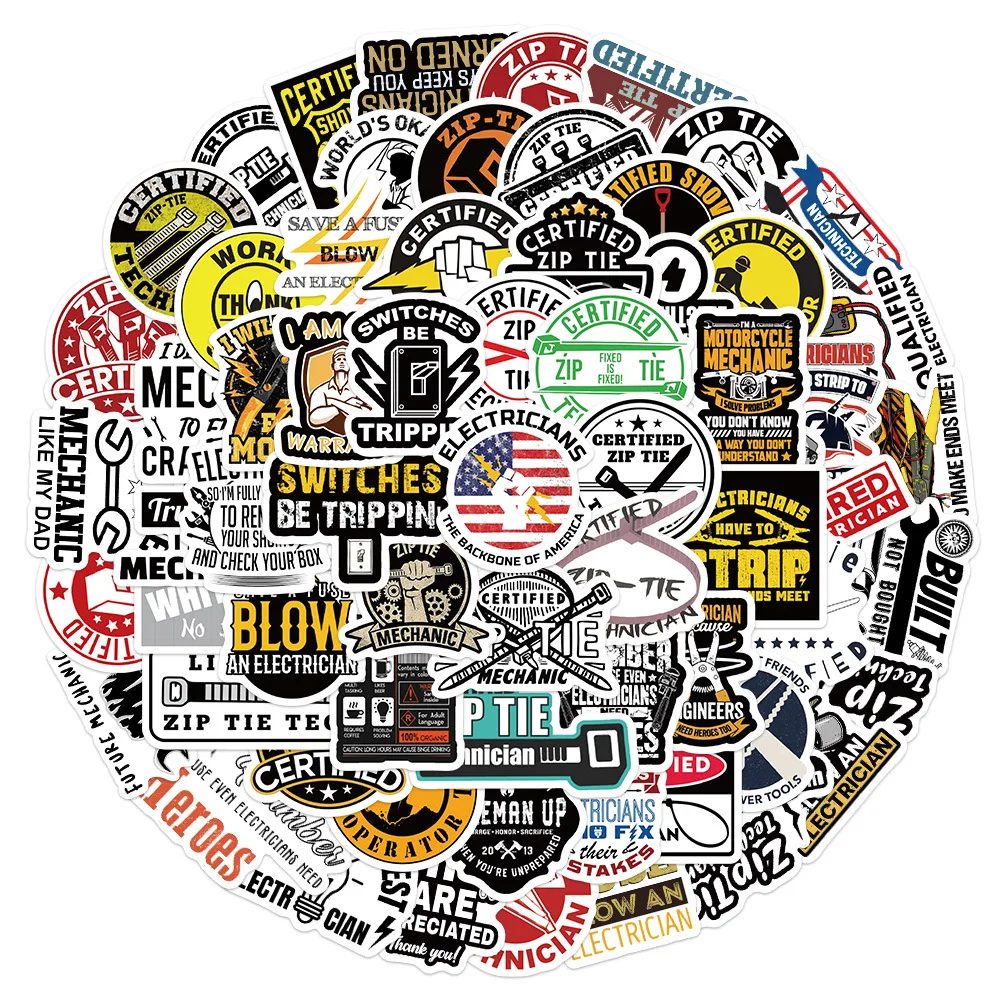 65pcs Funny Zipper Certified Stickers Technician Mechanic Electrician Construction Hard Hat Sticker Vinyl Waterproof Decals