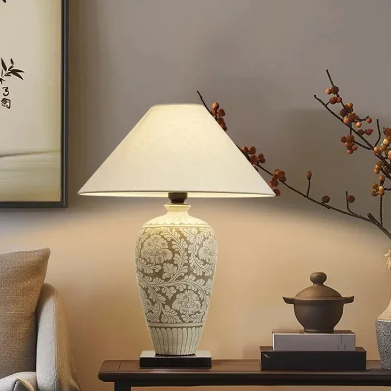 

SANDYHA Chinese Retro Ceramic Floor Lamp Bedroom Bedside Living Room Decoration Dining Table Lighting Fabric Lampshade Design