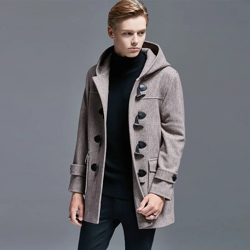 

Winter New Style Fashion Loose Hooded Wool Coat Men Short Handsome Men's Horn Button Overcoat Plus size 6XL