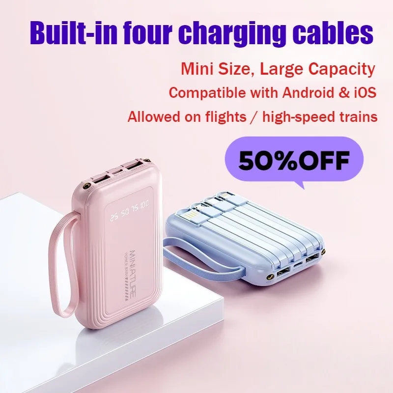 20000mAh Power Bank with Built-in Cable 3C Certified High-Capacity Portable Charger Compact Size