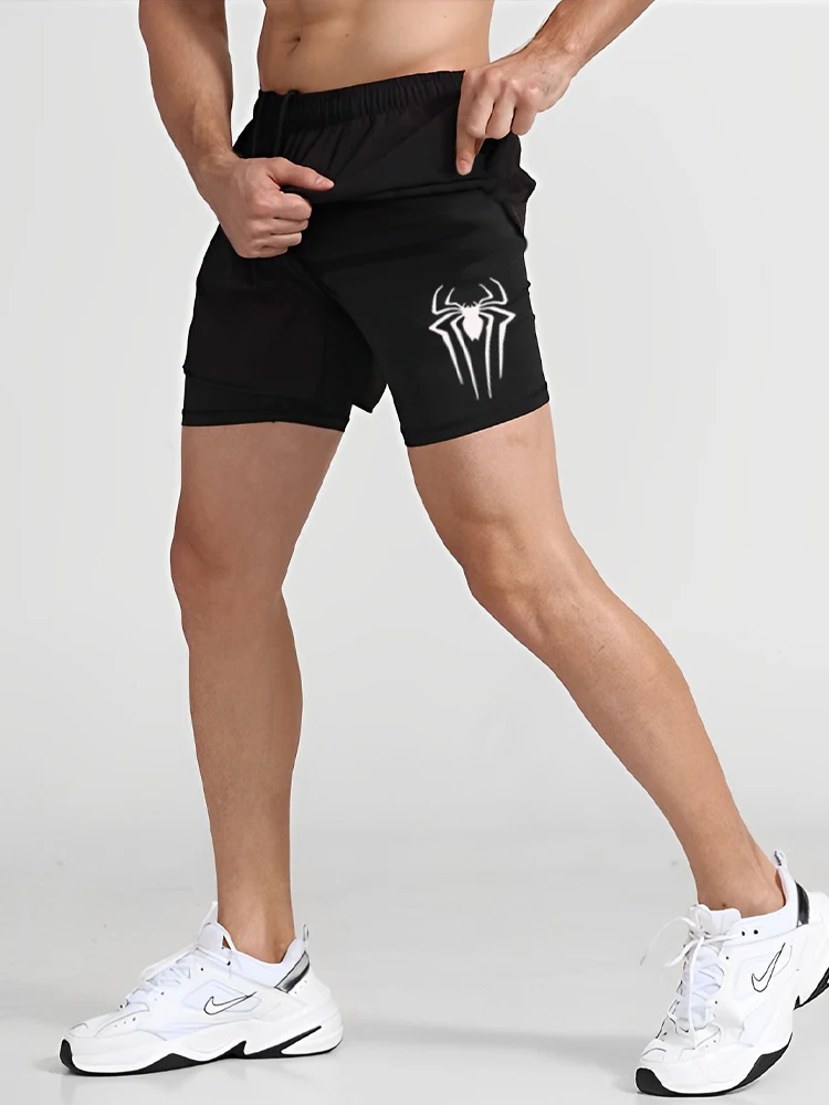 2 in 1 Men\'s Gym Shorts Fitness Quick Dry Sports Performance Shorts Print Double-deck Short Pants Running Summer