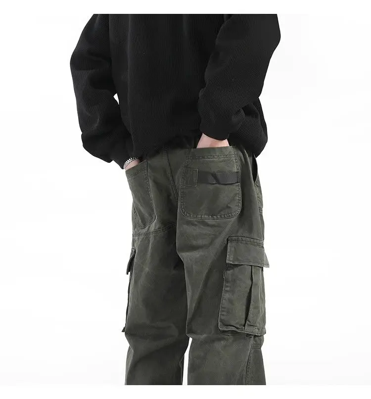 American Retro Multi-pocket Work Pants Men Loose Pleated Trousers