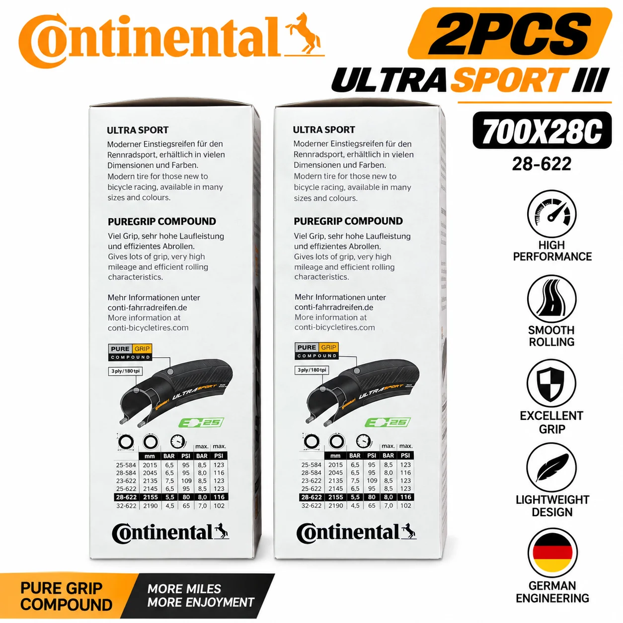 2 Stück Continental Ultra Sport III 700x23/25/28c Schwarzer Faltbarer PureGrip 3 Rennrad-Reifen Faltreifen – Detail 14