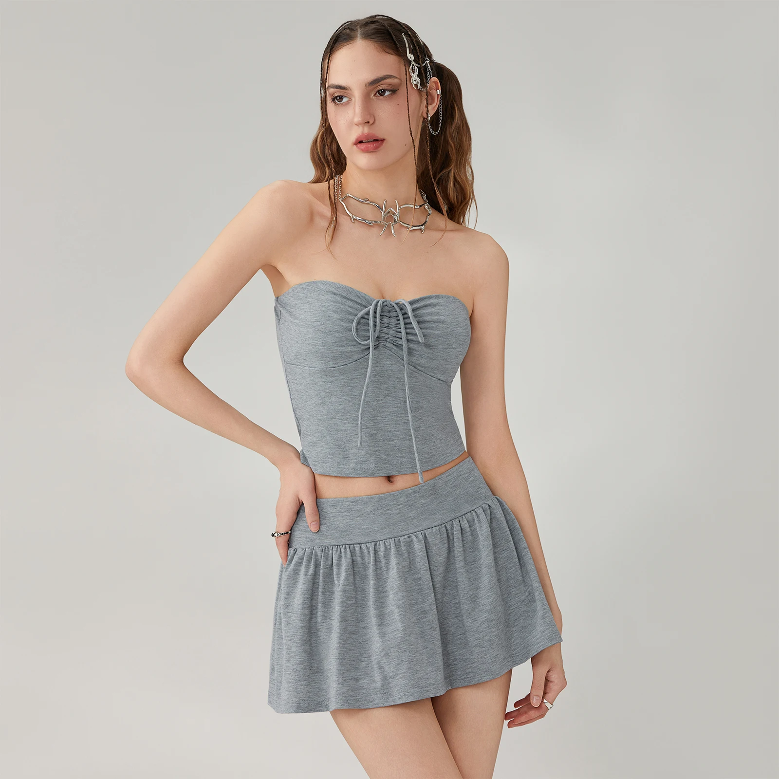 Women Solid Color Tie-up Sleeveless Tube Top with Pleated Mini Skirt Summer 2 Pieces Outfits Grey/Blue/Pink/Yellow