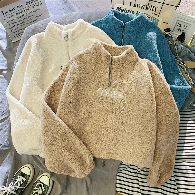 Damen-Fleece-Sweatshirt mit halbem Reißverschluss, Buchstabenmuster, Stehkragen, lange Ärmel, Kapuzenpullover, kurzes Oberteil, lässiger, lockerer Schnitt, warm, für Herbst und Winter, Pullover. – Detail 15