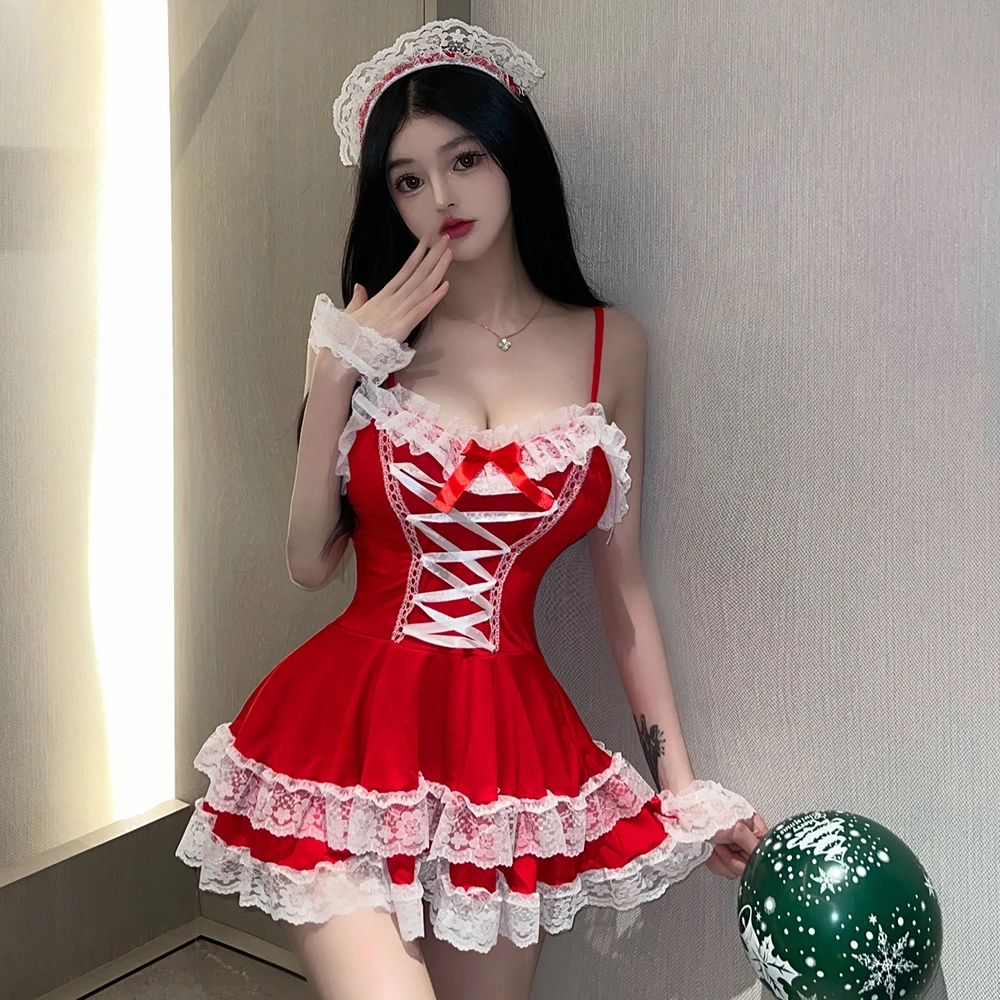 Lingerie sexy com fitas para mulheres, atadura, renda, vestido de empregada, camisa quente, camisola, babydoll, vestido de deslizamento completo, vestidos Lolita, vermelho