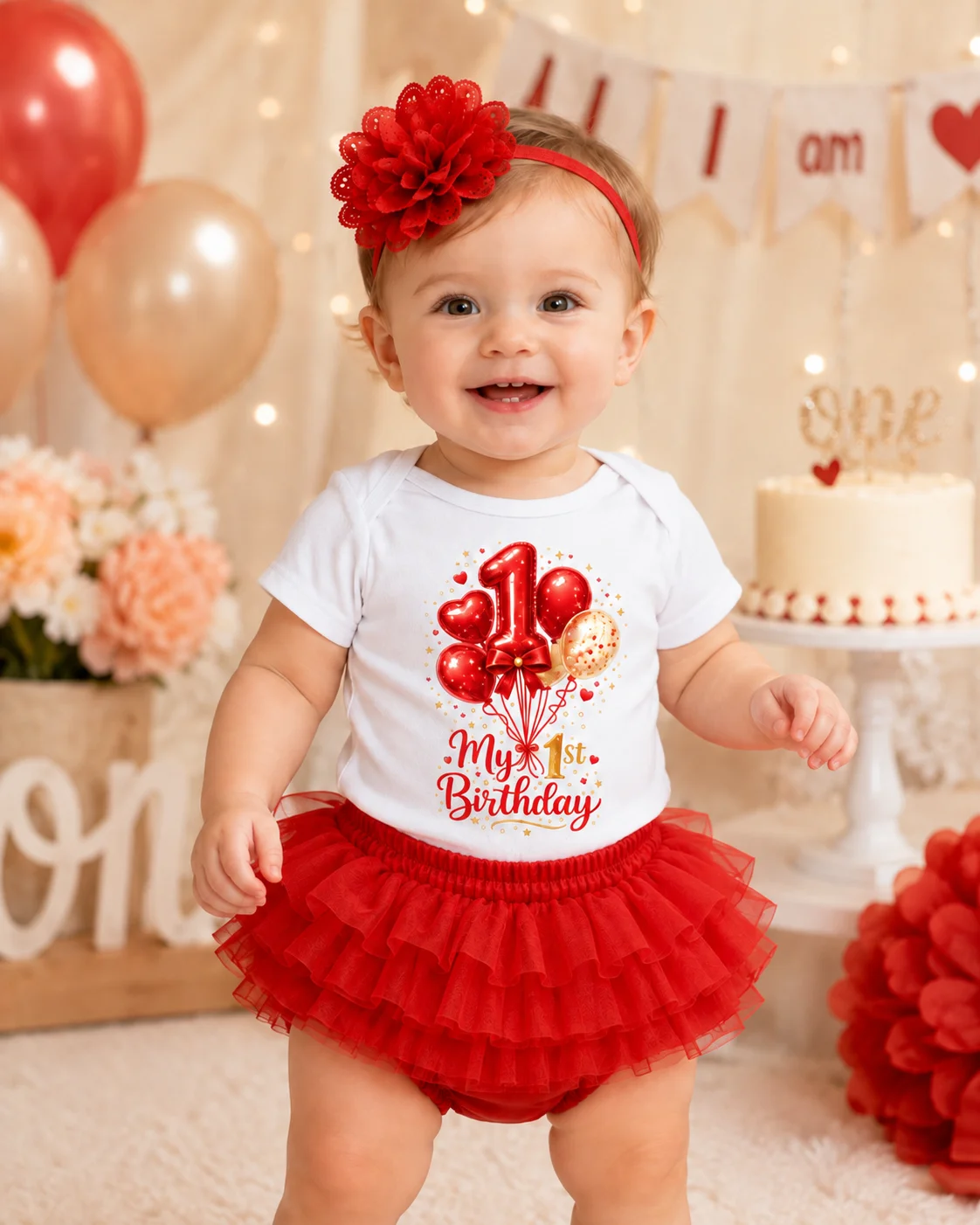 Baby Girls 1st Birthday Outfit Set My 1st Birthday Print Bodysuit Red Tutu Skirt Flower Headband Toddler One Year Old Birthday P