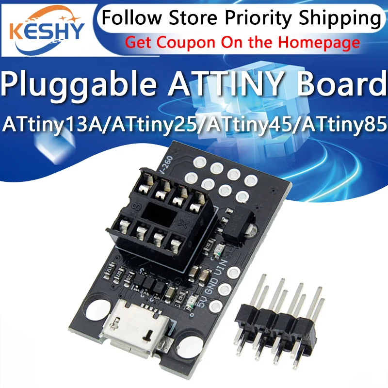 Pluggable ATTINY Development Board For ATtiny13A/ATtiny25/ATtiny45/ATtiny85 Programming Editor Micro Usb Power Connector
