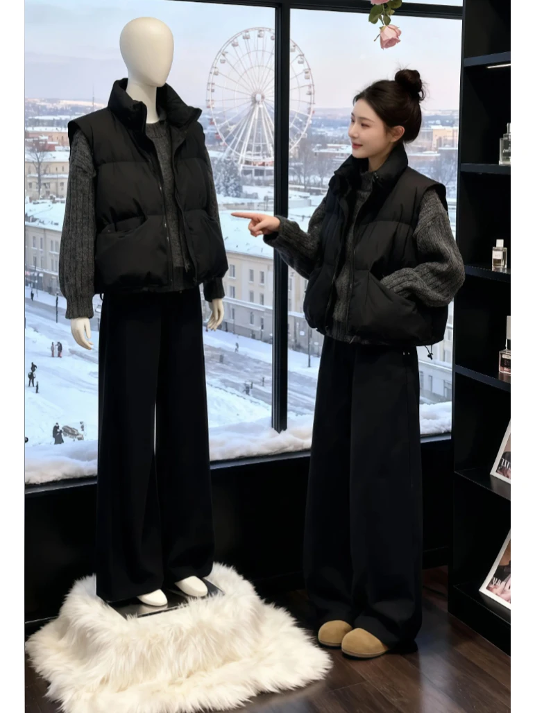 

Стильный вязаный свитер и брюки с высокой талией, женский модный комплект, зимний теплый утолщенный хлопковый жилет, костюм из двух предметов