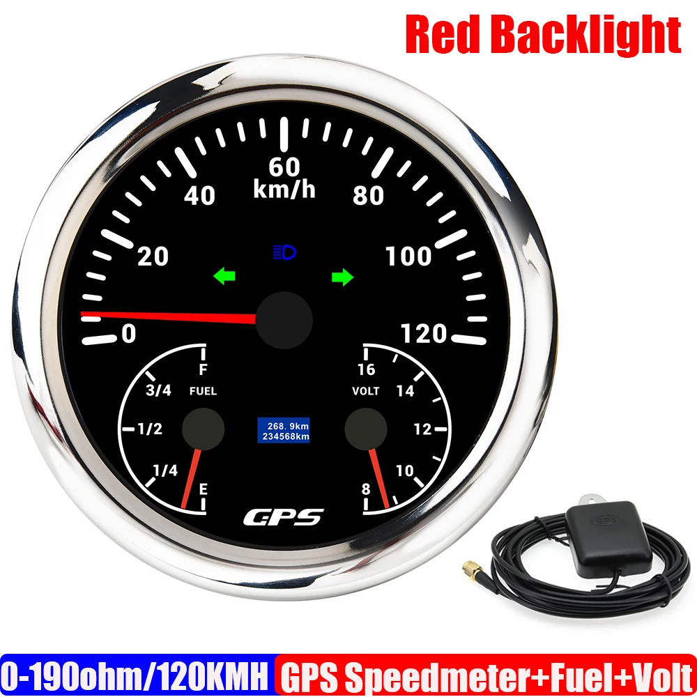 110MM GPS Speedometer Gauge+Fuel Level Gauge+Voltmeter Red Backlight Waterproof 3 IN 1 Multi Meter 0-190ohm for Car Boat DC12V