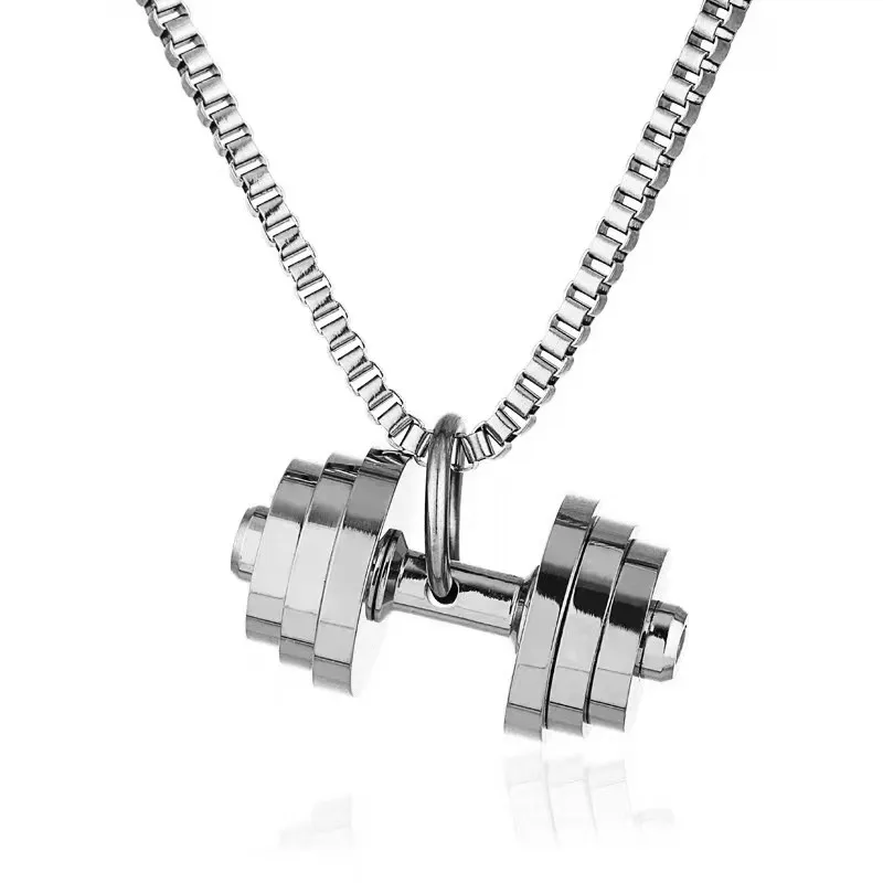 Stainless Steel Barbell Dumbbell Pendant Bodybuilding Gym Equipment Necklace Men Women Gym Sports Jewelry Accessories