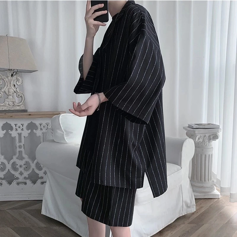 Nice Korean Style Men's Tracksuit Jacket And Shorts 2 Pcs Set Summer Stripe Male Sports Suit Oversized Clothing Suit Lightweight