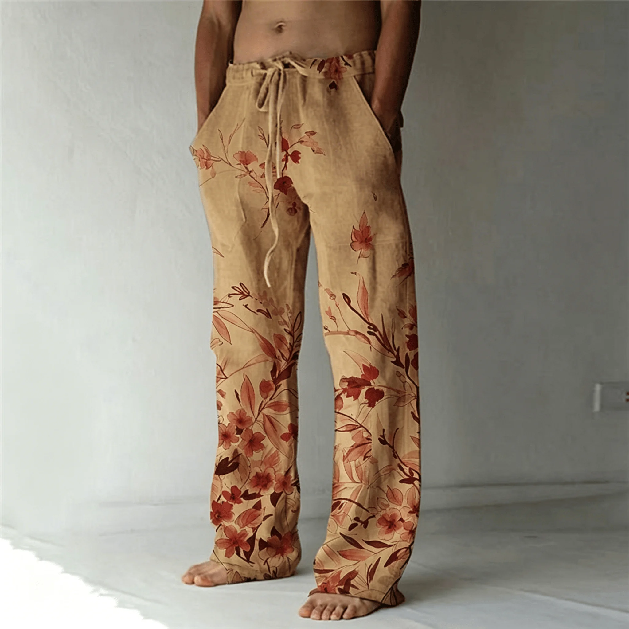 Herrenhose mit Tuschendruck-Palmblattmuster und Kordelzug, Vintage Botanische Gerade Hose für Frühling & Sommer – Detail 4