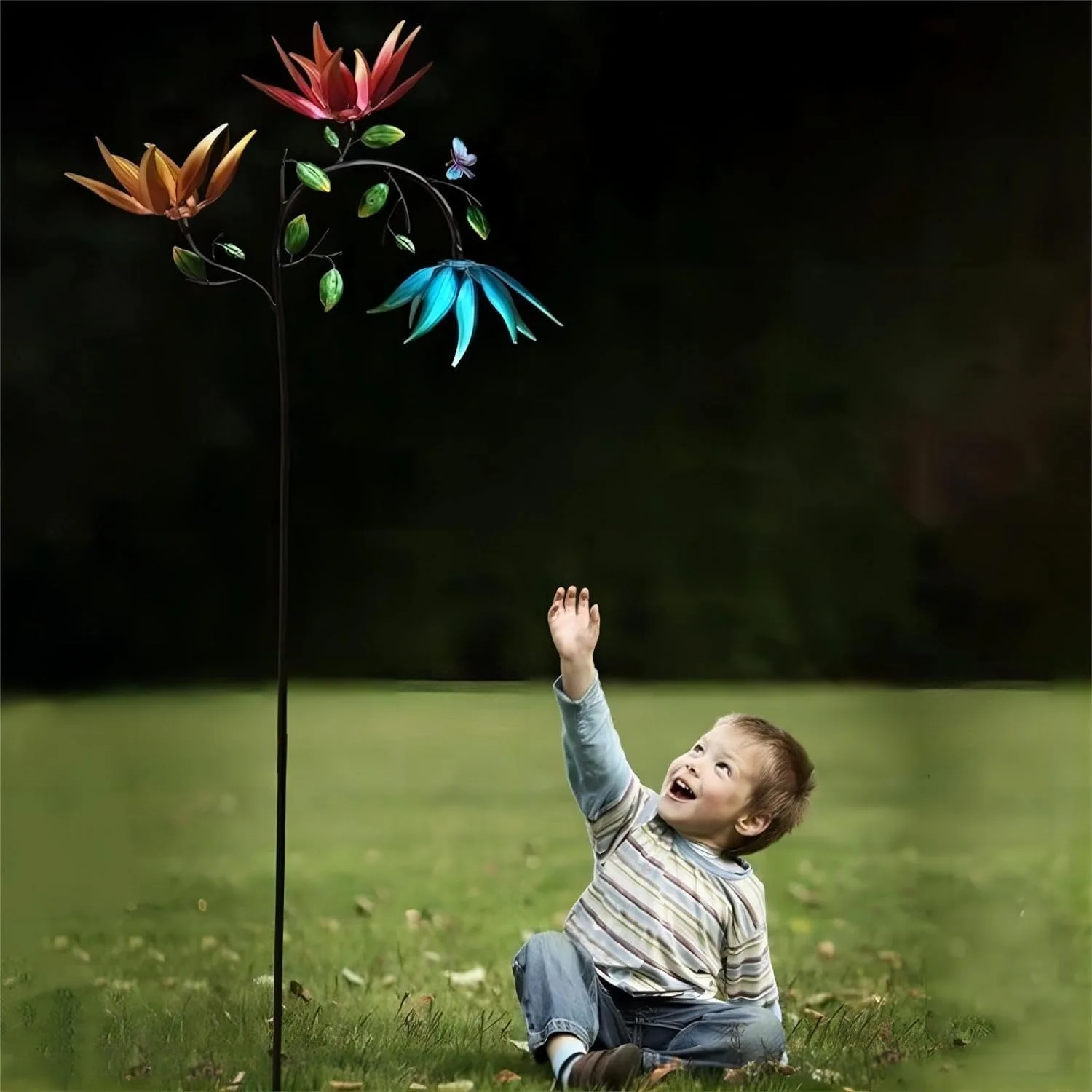 

1 metal rainbow rotating windmill with three rotating sunflowers, outdoor courtyard, patio, lawn, and garden decoration gift
