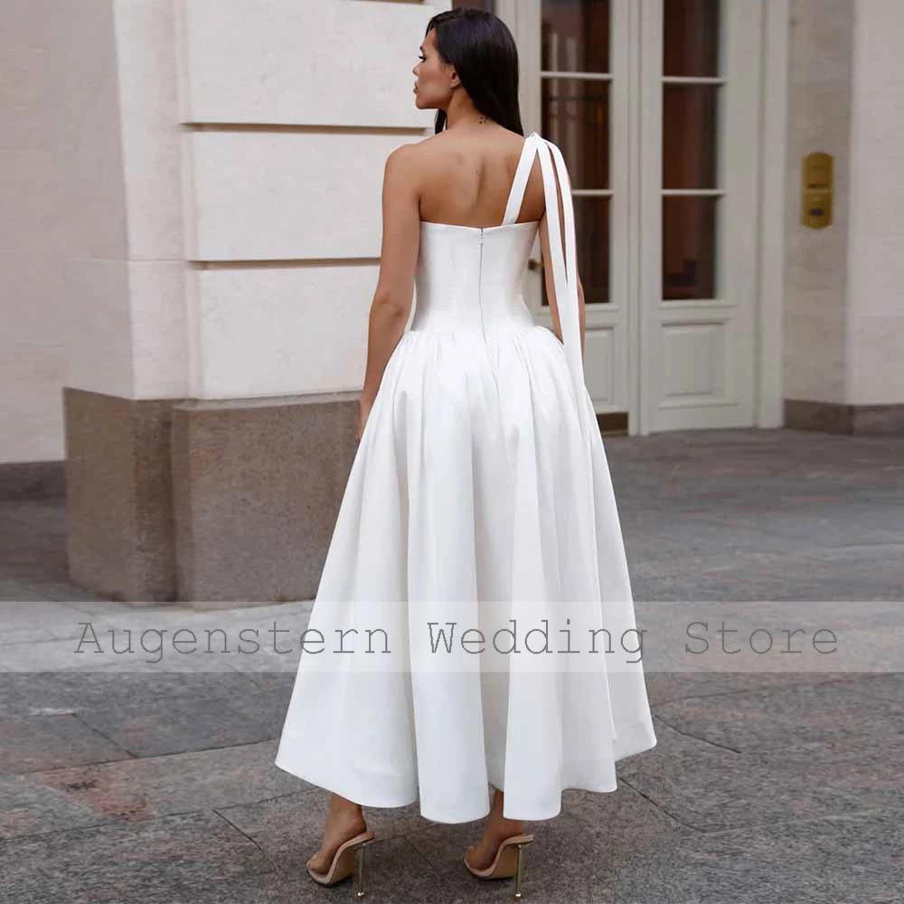 Formal Women's Wedding Dresses Midi Satin A-line Wedding Party Dresses White One-shoulder 3D flowers Draped Ruched Wedding Dress