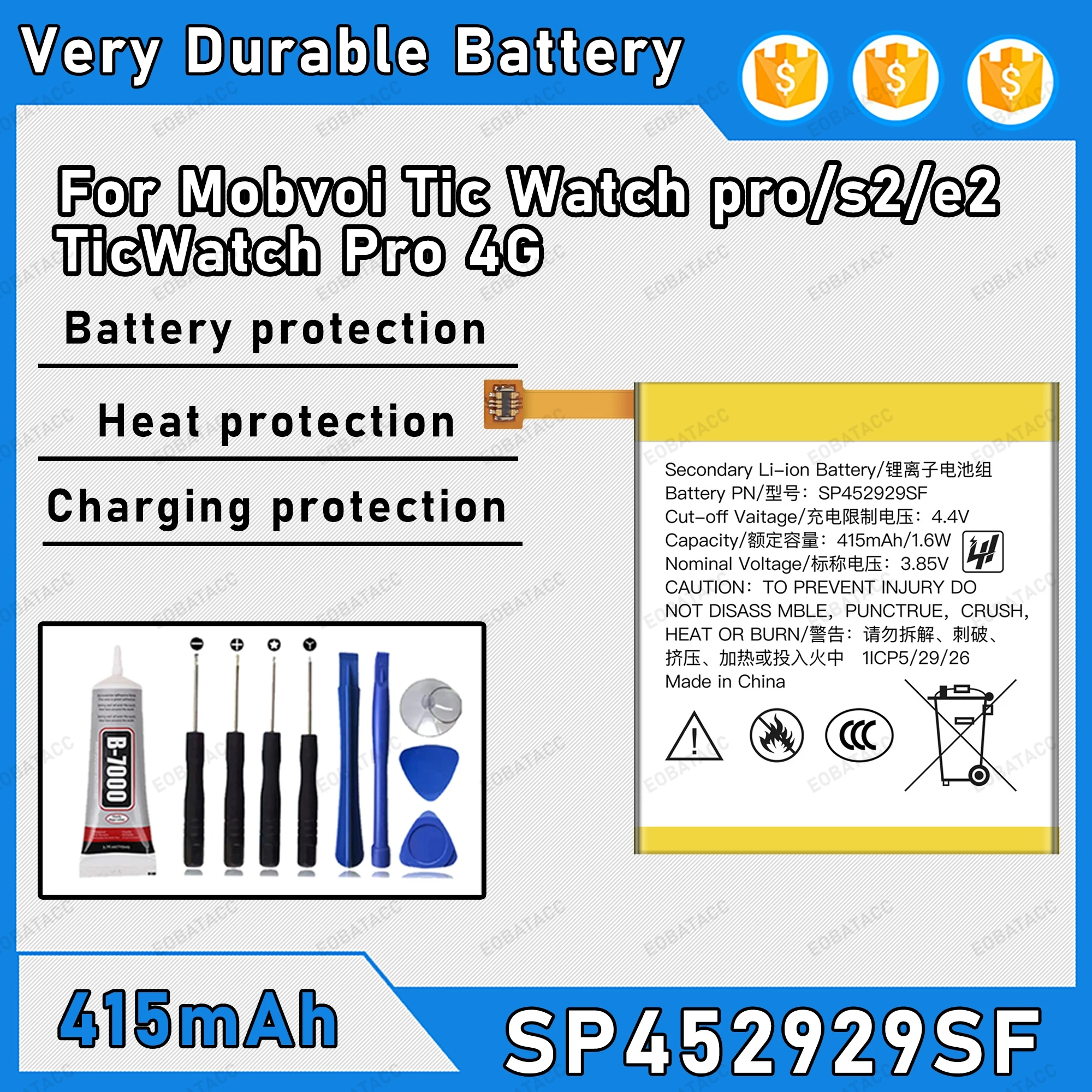 415mAh 100% New SP452929SF Battery For Tic Watch pro/s2/e2/TicWatch Pro 4G Replacement Bateria+Free Tools