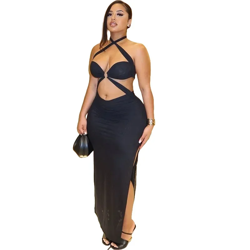 

Women's Halterneck Chest Wrapped Sleeveless Pleated Backless Long Dress, Metal Ring, Split, High Waist, Hips Wrapped, Sexy