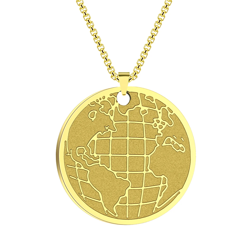 QIMING Globe Coin Chain Necklace For Women Men Geometric Stainless Steel Jewelry World Necklace Best Friend Gift
