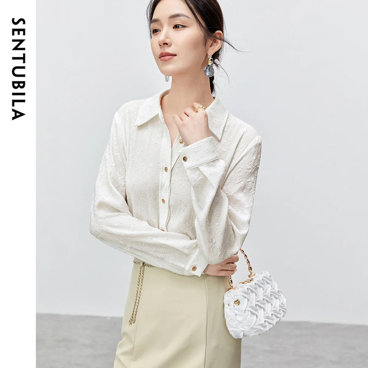 

SENTUBILA элегантные осенние белые рубашки и блузки женские модные рубашки на пуговицах с длинным рукавом офисные женские жаккардовые топы 123C42975
