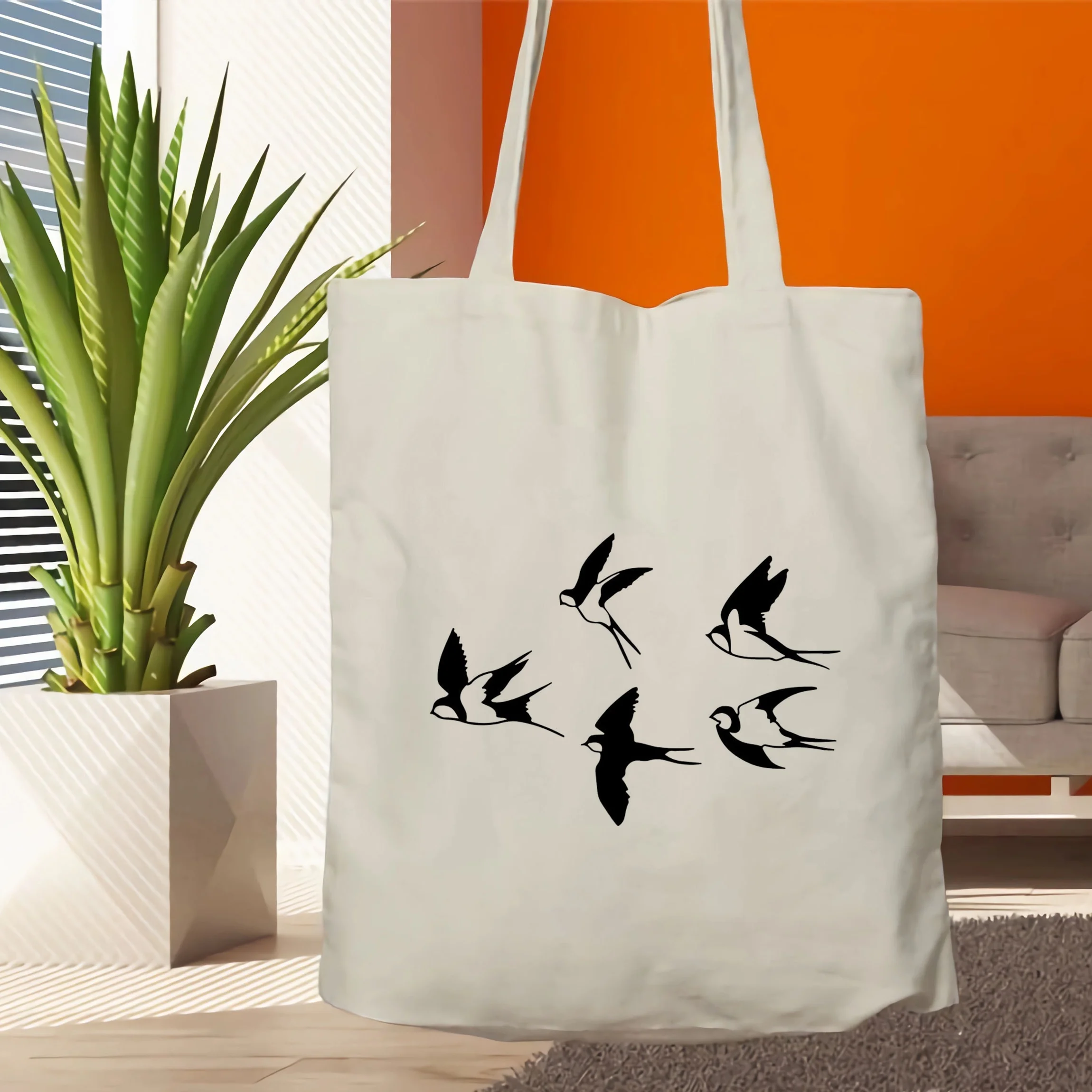 Swallow Flying Pattern Canvas Tote Bag, Custom Logo Reusable Shoulder Bag for Daily Use & Promotional Gifts