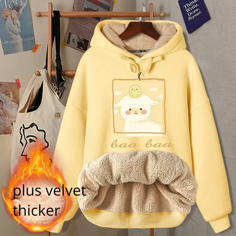 Character Hoodies Women Hooded Lovely Preppy Style Loose Youthful All-match Plus Velvet Thicker Popular Winter Casual Ladies