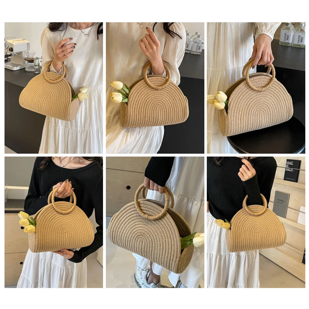 Handwoven Shoulder Purse Chic Cotton Rope Holiday Travel Handbag Retro Rattan Bag Vacation Bag for Women and Girls