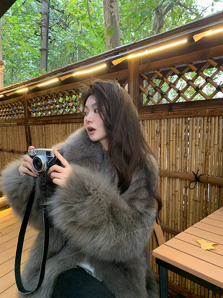 معاطف نسائية من الفرو الصناعي سترات من الفرو الصلب متوسطة الطول وأكمام طويلة وياقة مقلوبة بغرز مفتوحة سميكة وفضفاضة غير رسمية لخريف وشتاء 2025 #6