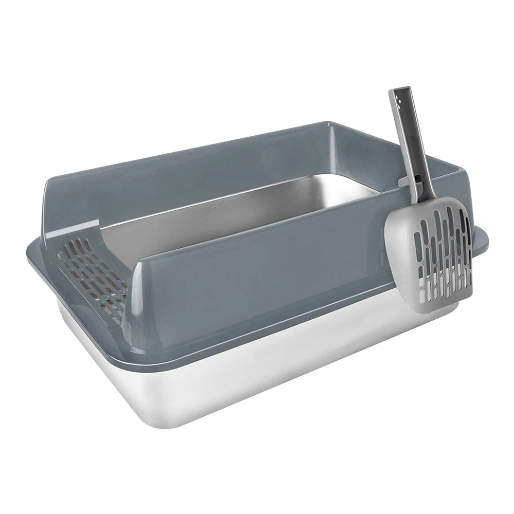 Lettiera per gatti, in acciaio inossidabile, struttura in metallo, con vasca igienica e paletta, impermeabile, facile da pulire, adatta a gatti di grossa taglia o a più gatti. Dimensioni: 50x35x20 cm