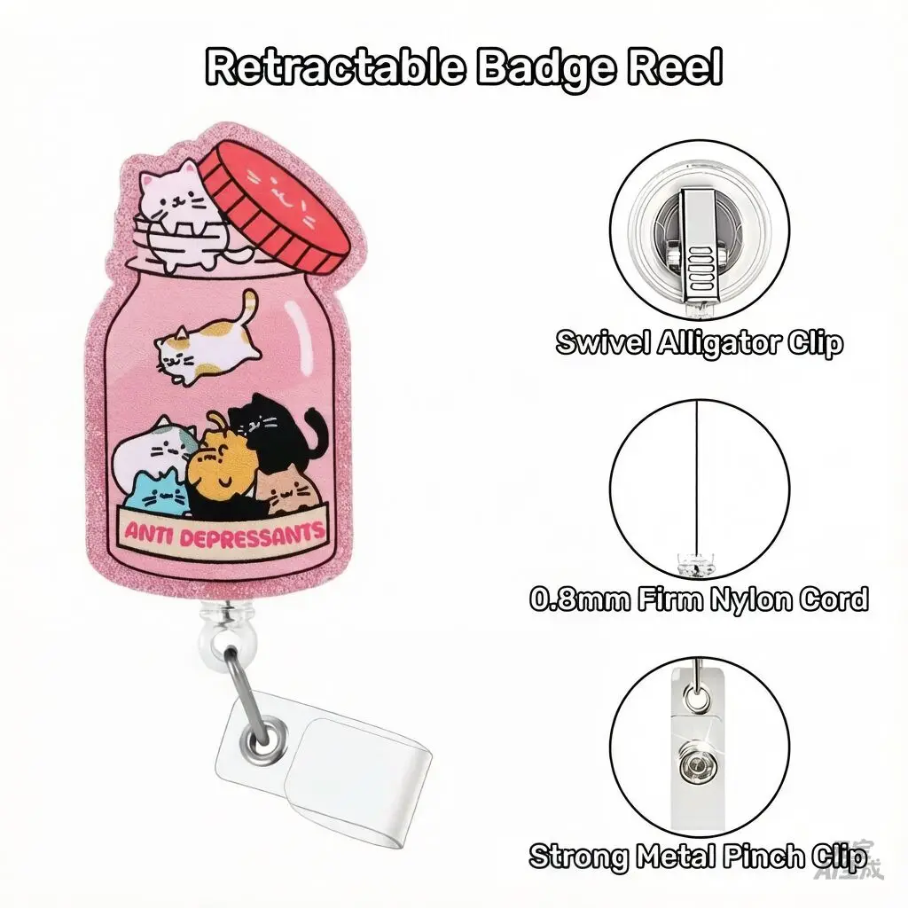 2026 New Design 1 Piece Shiny Acrylic Anime Cat Dog Pet Bottle Retractable Nurse Badge Reel Student Doctor ID Card Holder
