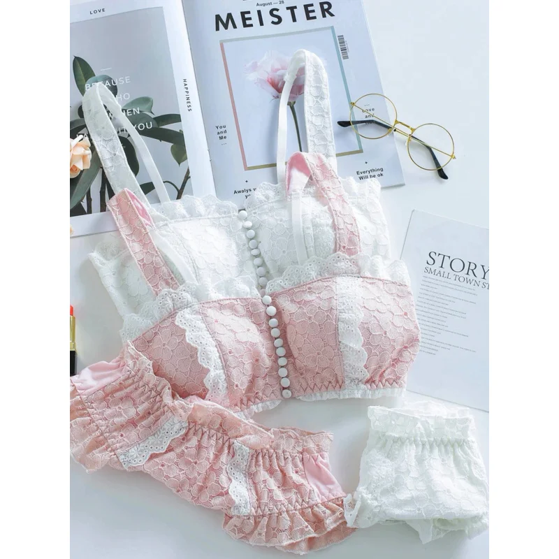 Japanese girl Lolita button front button cotton lace tube top bra set white kawaii retro sweet Style no steel ring underwear