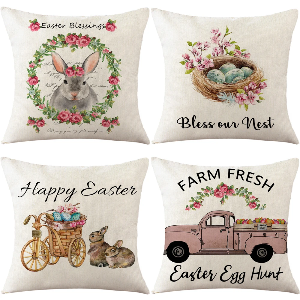 

Easter Bunny Pillows Cushion Cover 45*45cm Pink Flowers Pillowcase Easter Eggs Printed Pillow Cover Home Decorative Cushion Case