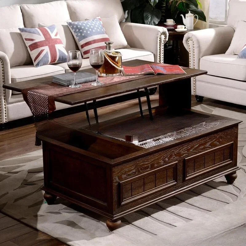 American country solid wood coffee table furniture living room oak liftable storage kung fu tea table square