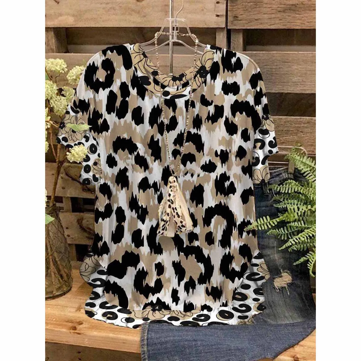 Women Tops 3D Sunflower Leopard Print Printed T-Shirts Ruffled O-Neck Short Sleeves Loose Casual T-Shirts Summer Streetwear