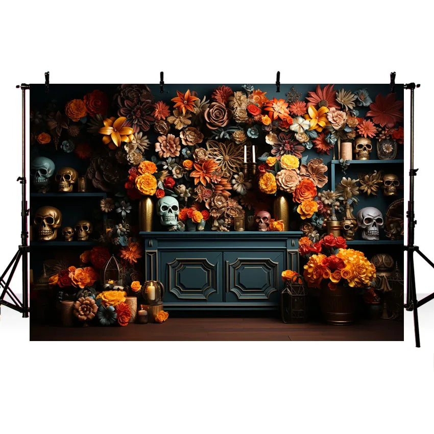 Mehofond Photography Background Retro Halloween Mexican Fiesta Party Flower Sugar Skull Kid Portrait Decor Backdrop Photo Studio