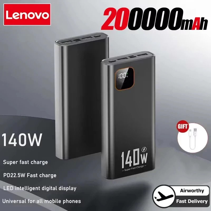 Lenovo 200000mAh 140W Superschnelle Lade-Powerbank Ultra-Kapazität Tragbares Ladegerät Neuerscheinung für iPhone Samsung