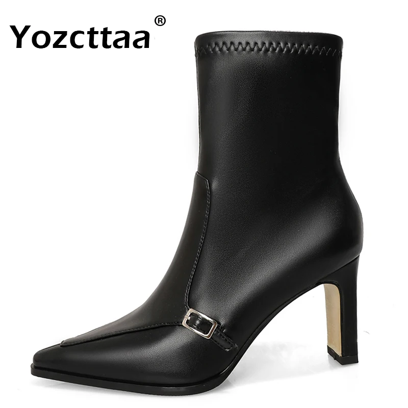 Yozcttaa Size 33-40 Women Stretch Ankle Boots Elastic Soft Leather Buckle Strappy Thick High Heels Shoes Winter 2025 Office Lady