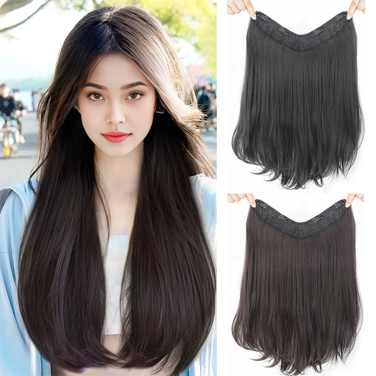 Synthetic V-shaped hair extensions wigs clips that naturally connect to women's hair heat-resistant wigs used for daily wear