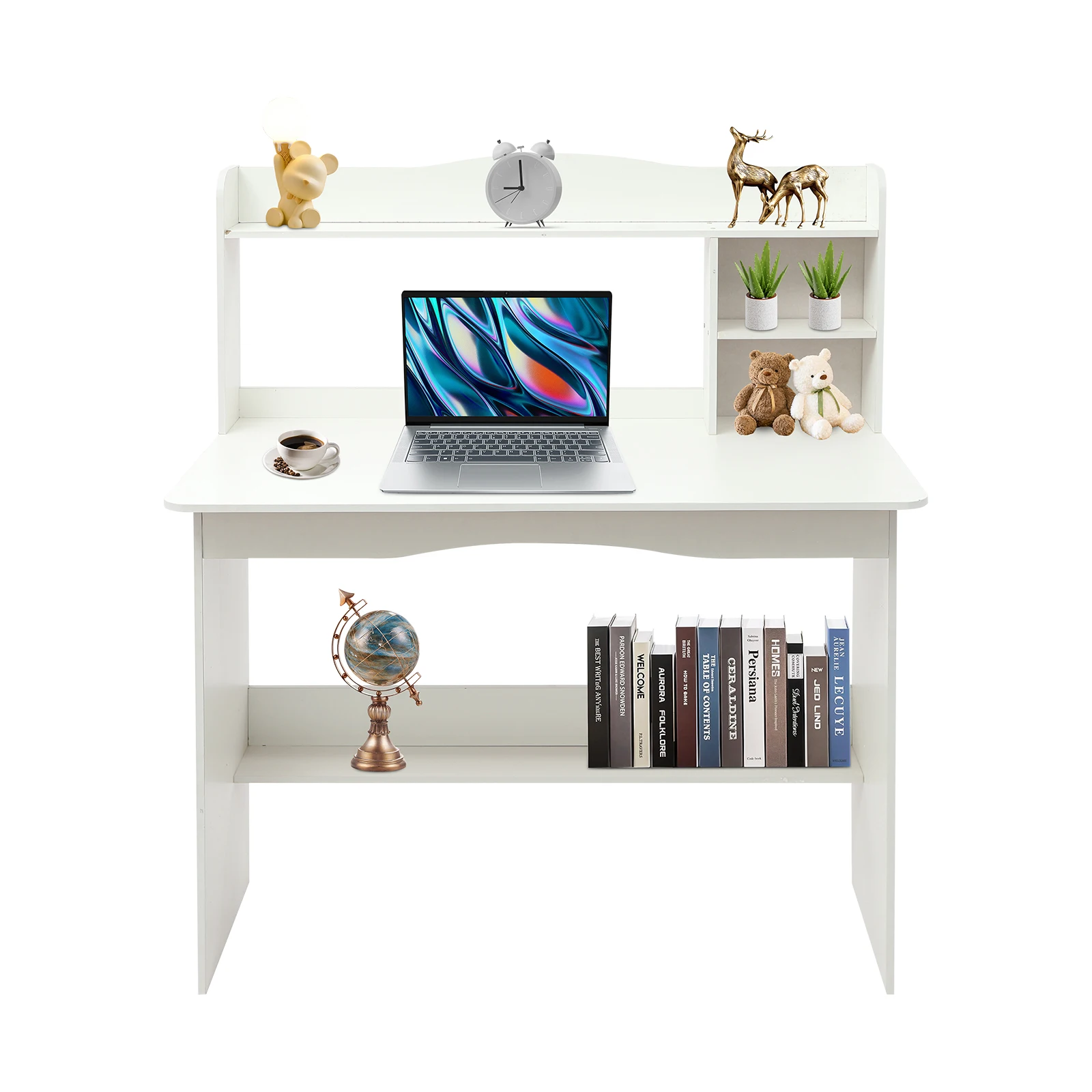 

White Medium Density Fiberboard Home Office Desk with Bookshelf Assemble Writing Study Desk Laptop Desk For Small Space