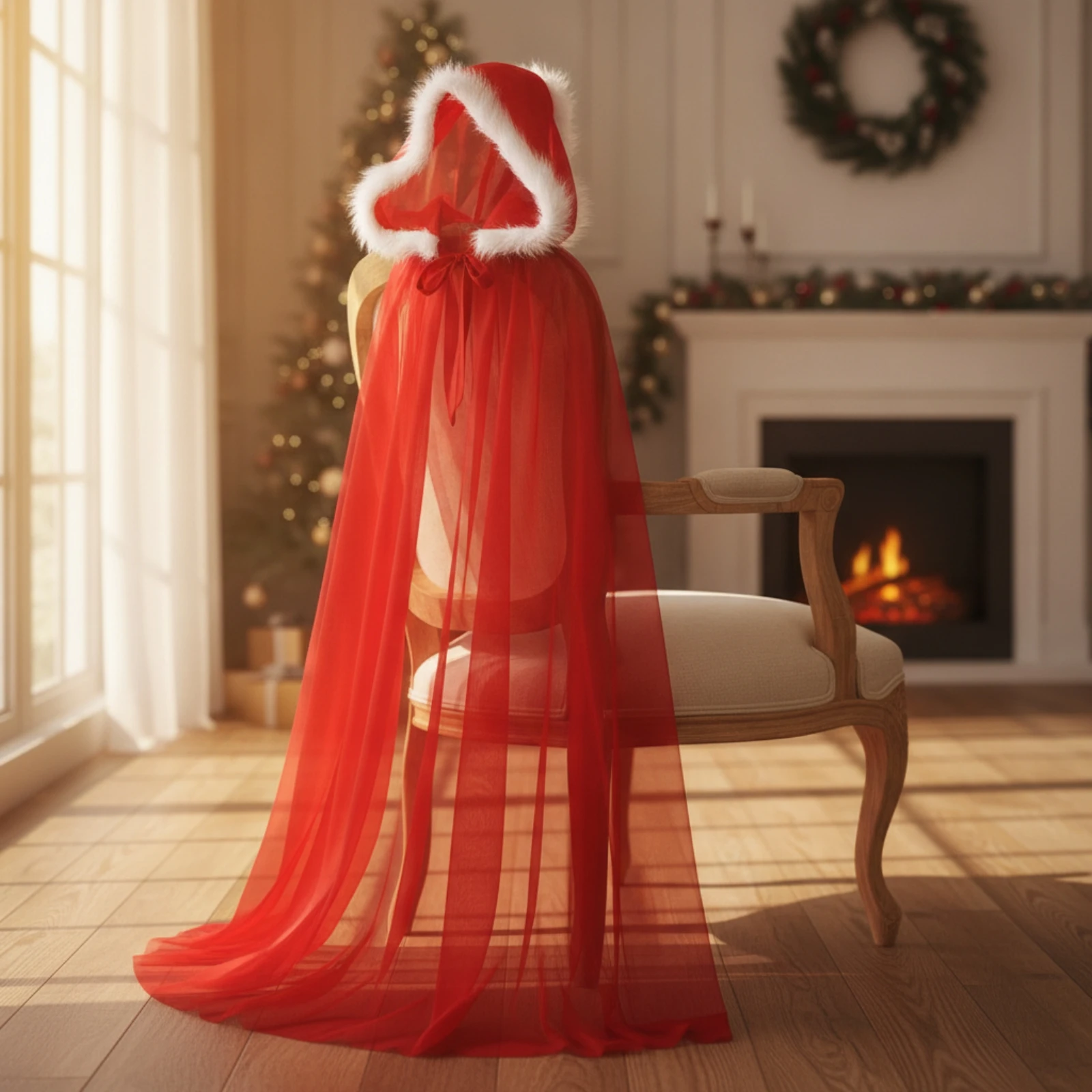 Mesh Cape with Hood Lightweight Transparent Cloak with Hood Cloak with Tie Closure Draped for Women, Christmas Events