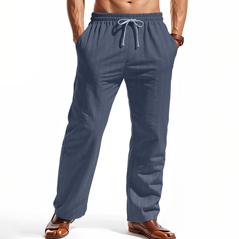 Casual Linen Summer Pants Beach Pants Drawstring Straight Stripe Men's Long Trousers Breathable Loose Fit No Ironing Vacation