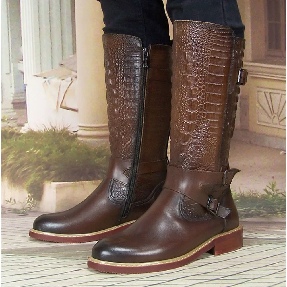 Fashion Men's Embossed Leather Guard of Honor Horse Western Equestrian Boots Knee High Buckle Strap Outdoor Knight Shoes Zip view 4