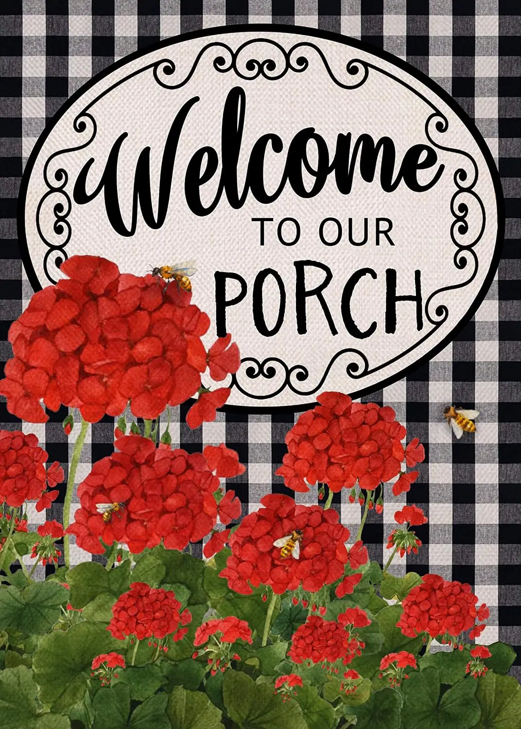 Home Decorative Welcome to Our Porch Geranium Spring Summer Garden Flag, Red Flower Black White Buffalo Plaid Check House Yard O