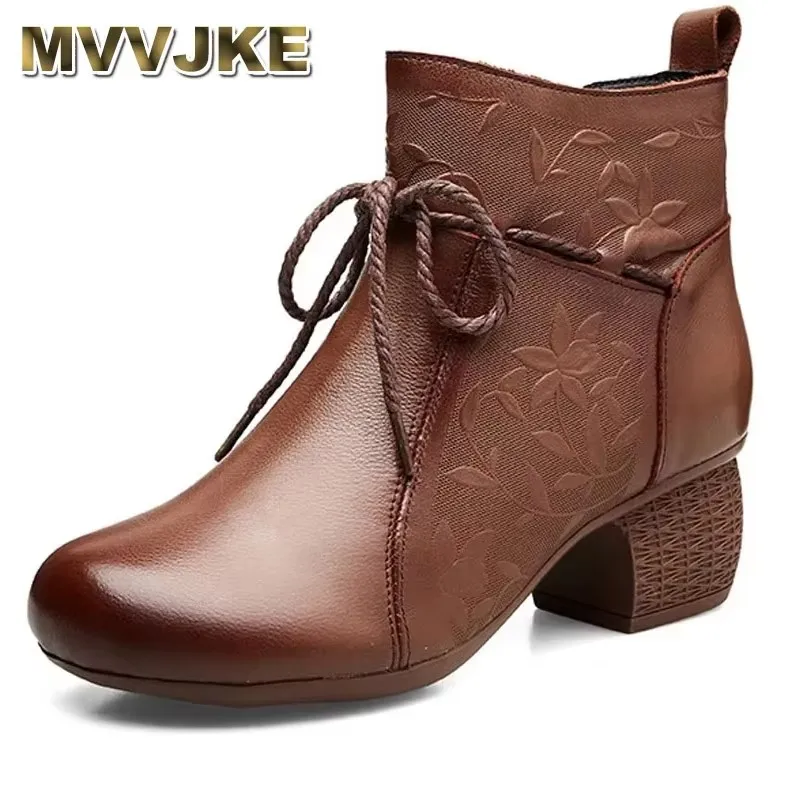 

2025 Retro Genuine Leather Autumn New Women Short Boots Leisure Versatile Solid Color Round Toe Thick Heeled Shoes