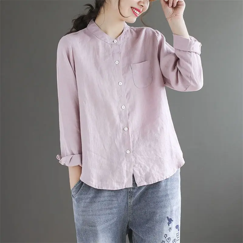 2023 Spring Autumn New Solid Color Stand Collar Long Sleeve Shirt Women Fashion Casual Comfortable Cotton Hemp All-match Tops