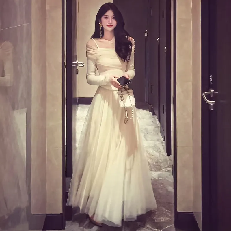 Ivory Apricot Mesh Skirt, Women's Spring and Summer 2026 New Style High Waist A-line Big-flap Long Skirt Atmosphere Puff Skirt