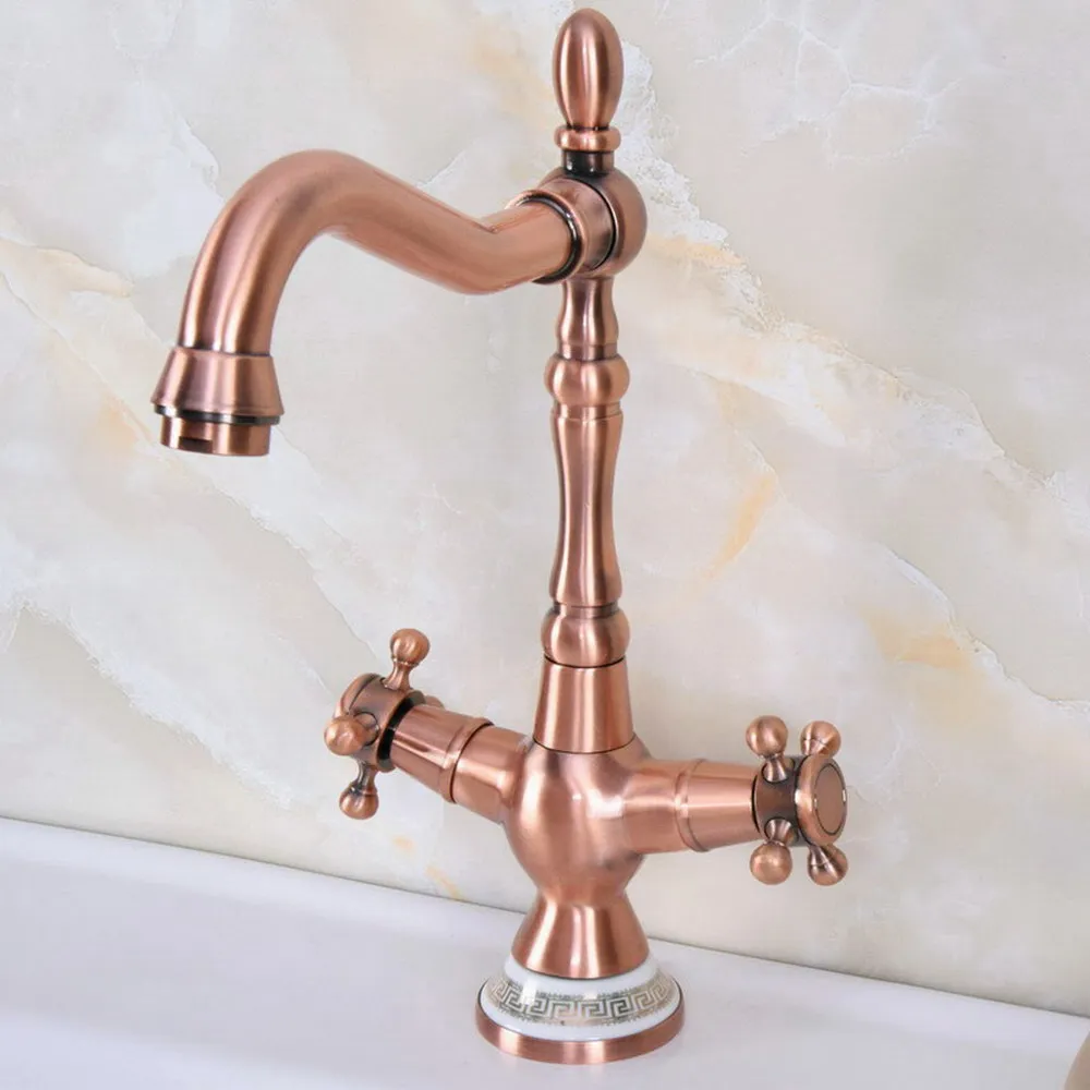 Dual Handle Single Hole Deck Mounted Basin Faucet Antique Red Copper Swivel Kitchen Bathroom Sink Cold And Hot Mixer Tap 2nf621