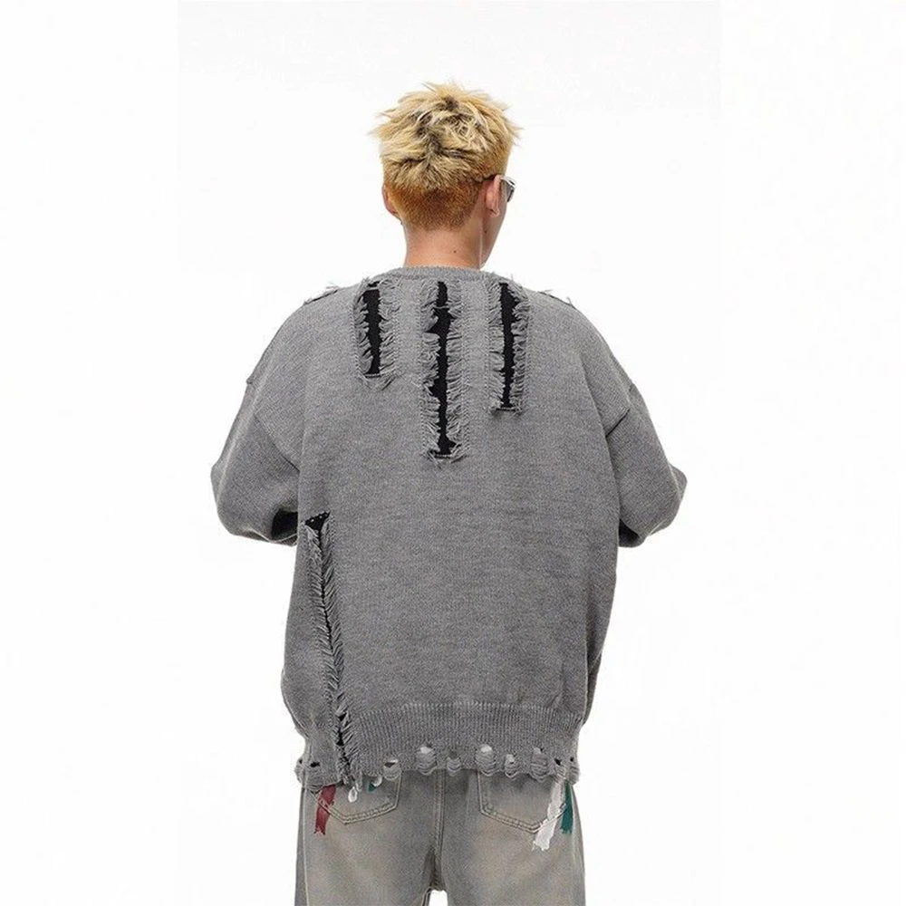 Winter New Men's Ripped Patchwork Long-Sleeve Sweater American Retro Fashion Trendy High Street Loose Casual Niche Men's Top