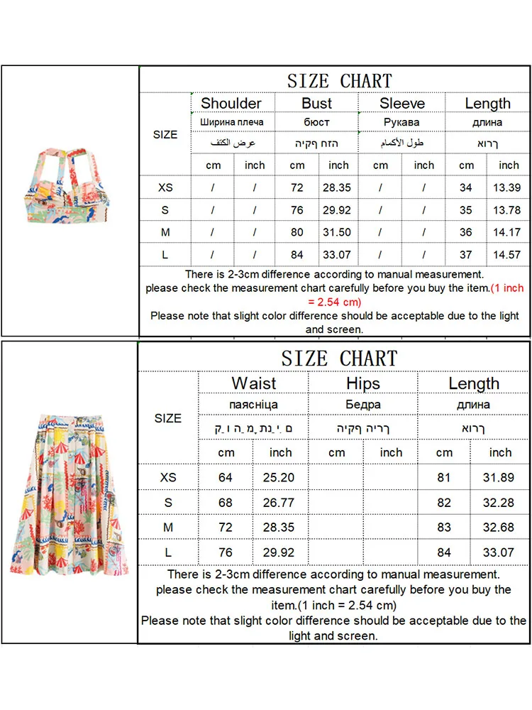 TRAF Beach Style Women Printed Skirt Set 2024 Sexy Backless Buttons Mini Camis Top+ High Waist Buttons A-line Midi Skirt Suit