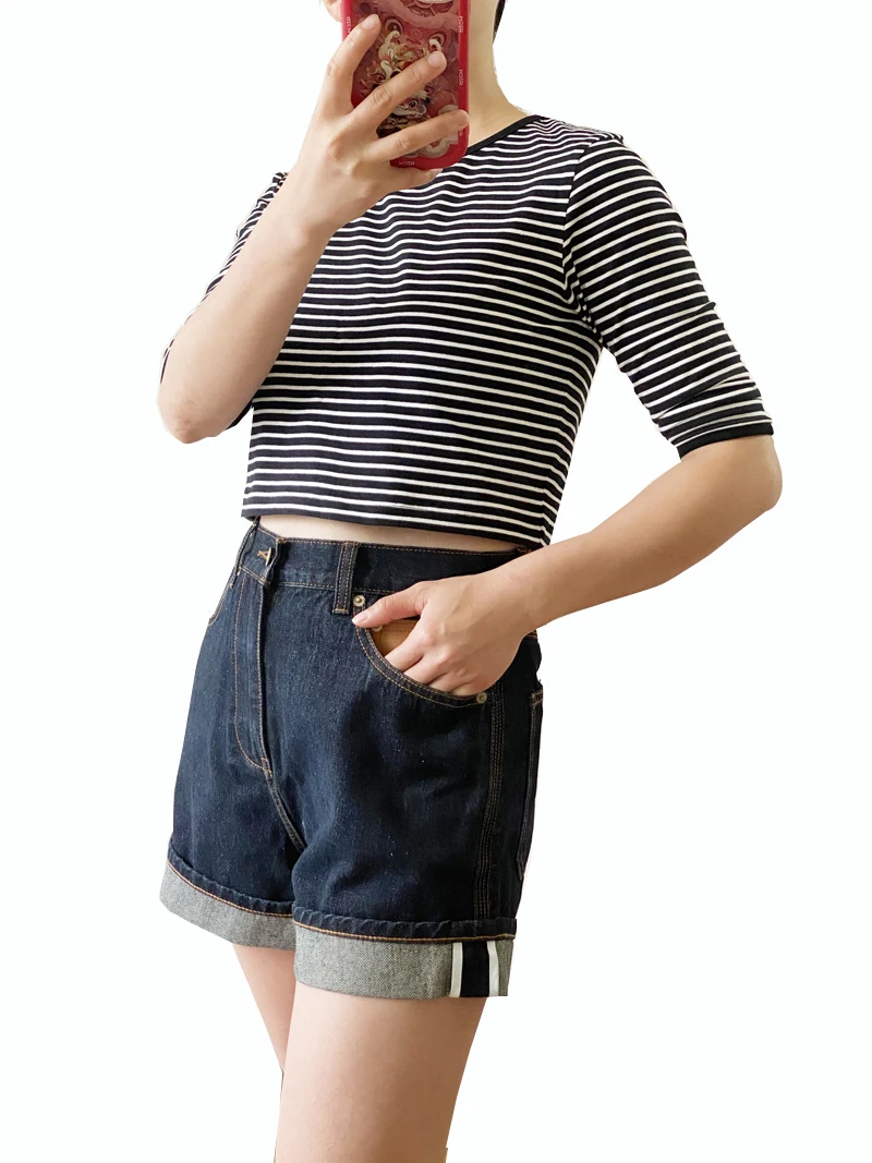 Short en jean taille haute pour femme, short décontracté, bleu foncé, bord roulé, cuir adt, lavé, abonnés, été, nouveau, 2024